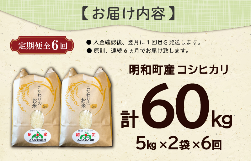 三重県産 山本農産のお米（コシヒカリ）の定期便 10kg×6回