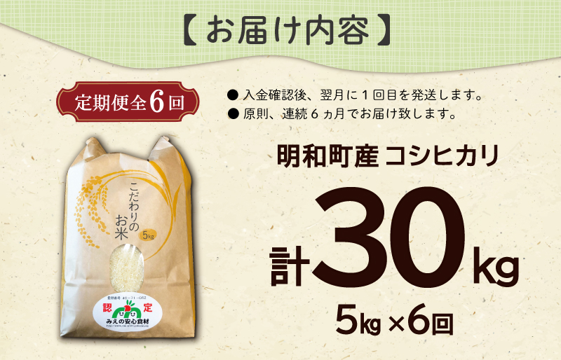 三重県産 山本農産のお米（コシヒカリ）の定期便 5kg×6回