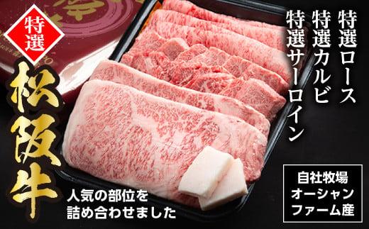 （冷凍）松阪牛オールスターセットNo.1（特選ロース（すきやき用）300ｇ、特選カルビ（焼き肉用）300ｇ、特選サーロイン（ステーキ用）約200ｇ×2枚）／ 瀬古食品　松阪肉　名産　お取り寄せグルメ