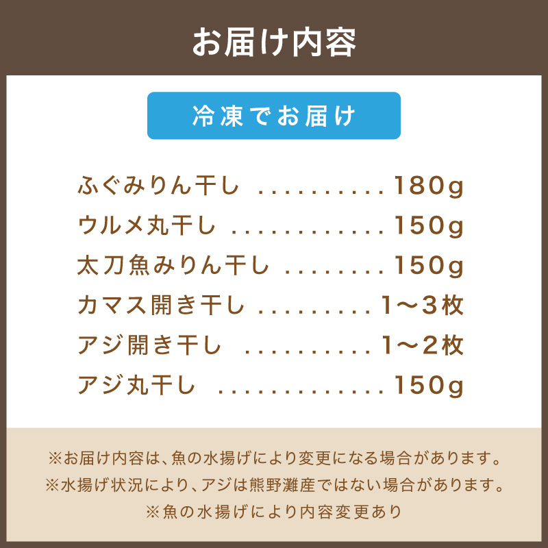 マルミツのおまかせ干物6点【魚 魚介類 干物 セット 詰め合わせ 着色料不使用 三重県 御浜町】