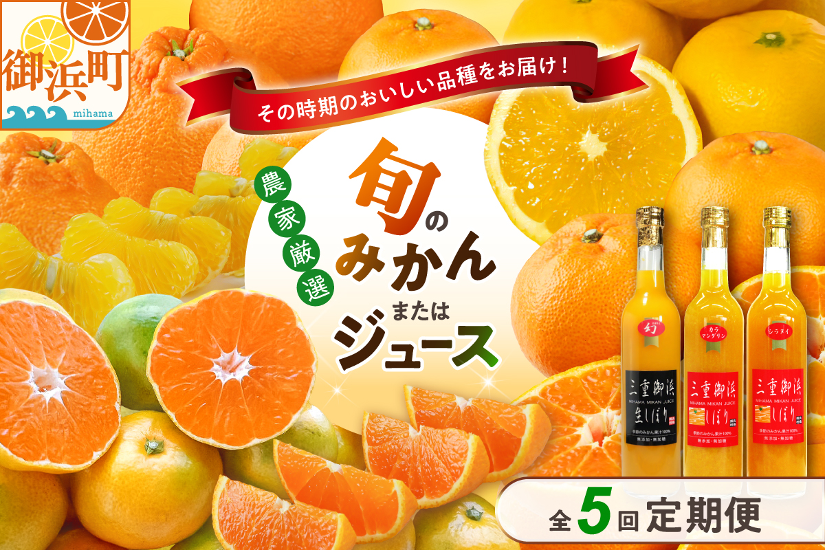 御浜柑橘の旬みかん又はジュースを毎月発送(全5回)【果物 フルーツ みかん 定期便 定期 5回 オレンジ オレンジジュース みかんジュース 光センサー 三重県 御浜町】