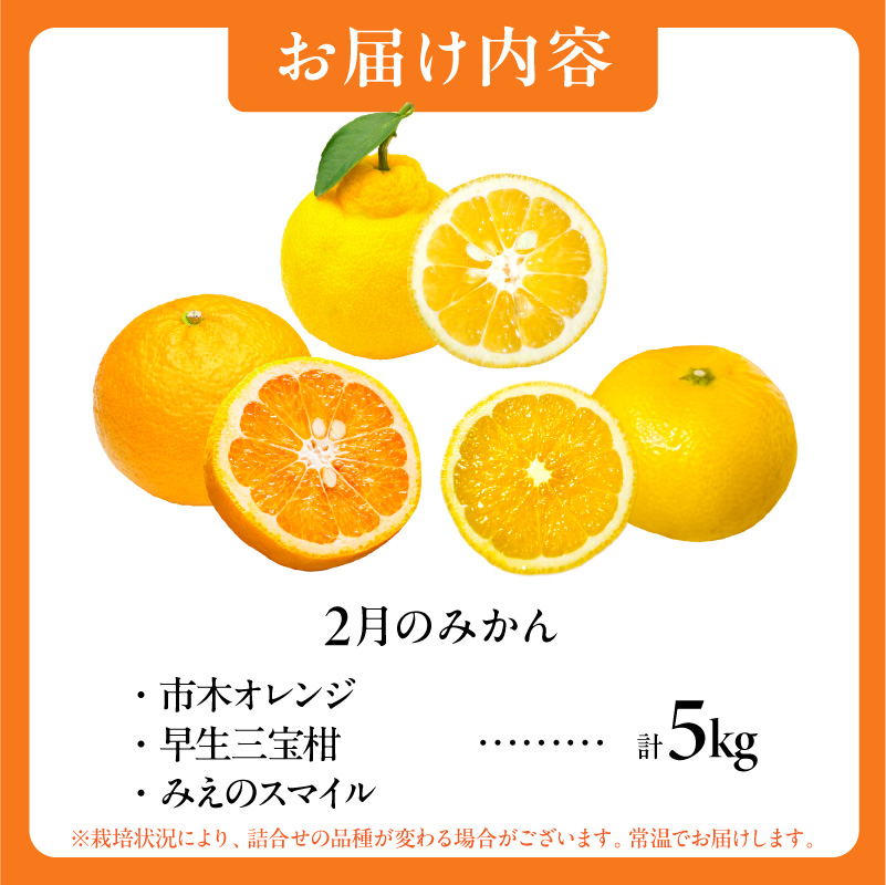 【2026年発送 先行予約品】2月の御浜柑橘　みかん詰め合わせ5キロ【果物 フルーツ みかん 市木オレンジ みえのスマイル 早生三宝柑 三宝柑 詰め合わせ 5kg 冬 三重県 御浜町】