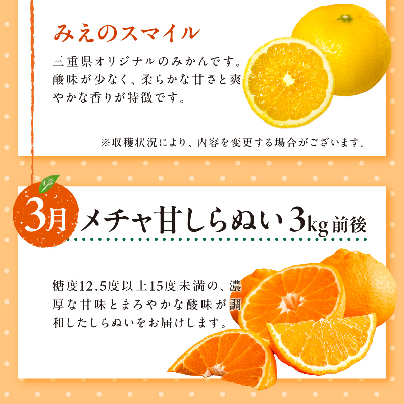御浜柑橘の旬みかん又はジュースを毎月発送(全5回)【果物 フルーツ みかん 定期便 定期 5回 オレンジ オレンジジュース みかんジュース 光センサー 三重県 御浜町】