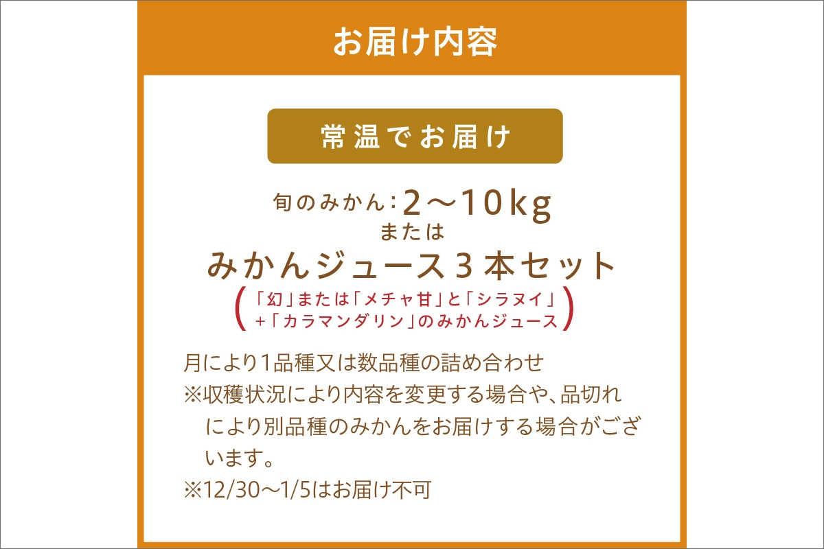 旬のみかん又はジュースを毎月発送（10回）