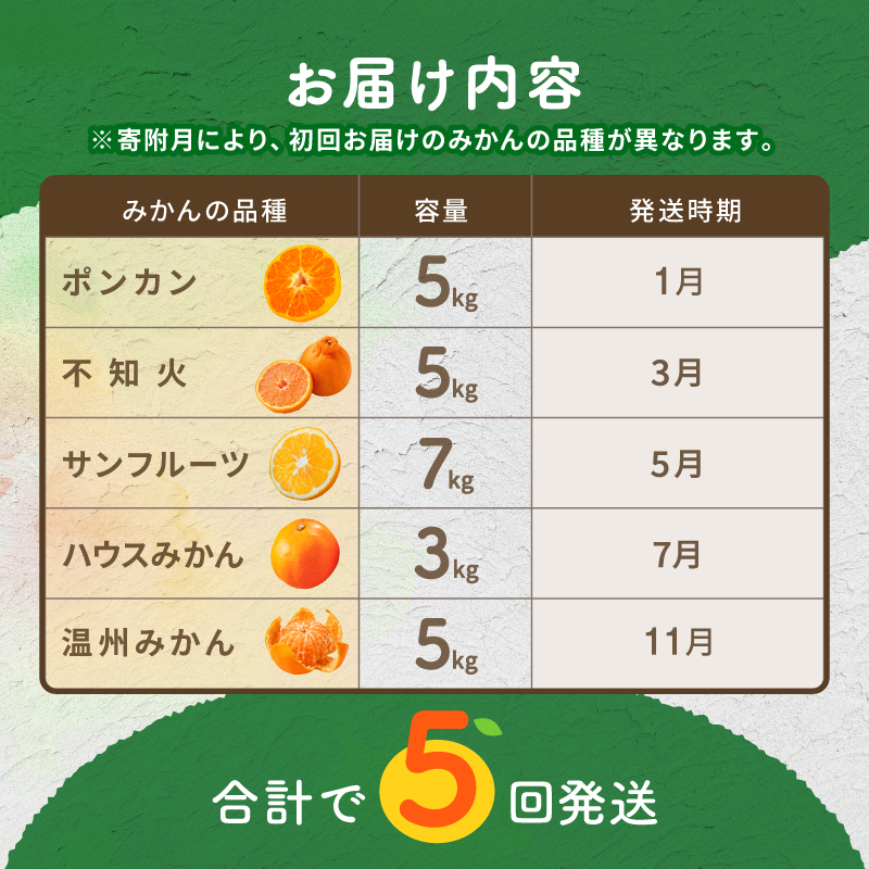 丸安青果の御浜町産みかん（全5回）【果物 フルーツ みかん 定期 定期便 5回 ポンカン 不知火 サンフルーツ ハウス 温州 三重県 御浜町】
