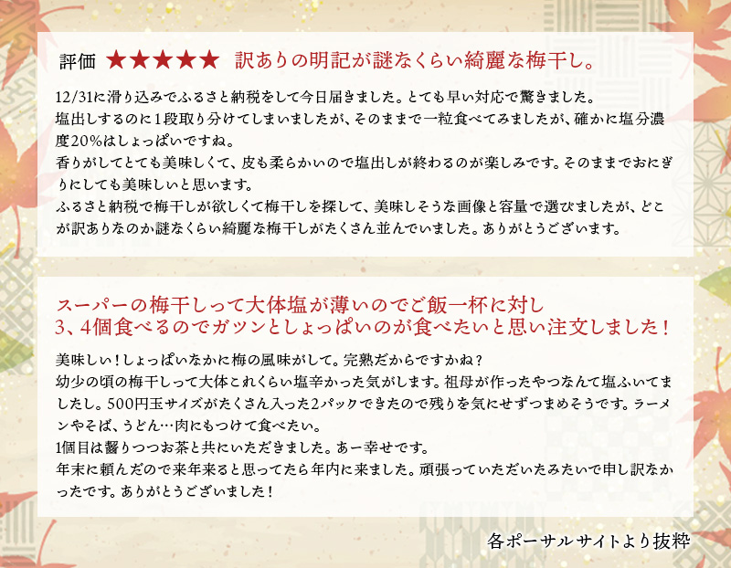 訳あり品 数量限定 完熟南高梅使用梅干し 2.5kg (1.25kg×2個) 2L～4L / 梅 梅干し 梅干 訳あり わけあり ワケアリ 昔ながら まろやか 無添加 塩分濃度約20％  無添加人気 大容量 2.5キロ 大粒 肉 厚 お米 おにぎり 焼酎 梅酒 自家栽培 健康