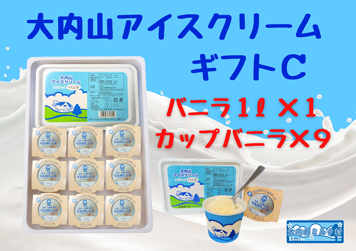 （冷凍）大内山アイスクリーム　ギフトＣ　バニラ1000×１・カップバニラ×９ ／ 大紀町　大内山ミルク村　大内山乳製品　大内山酪農